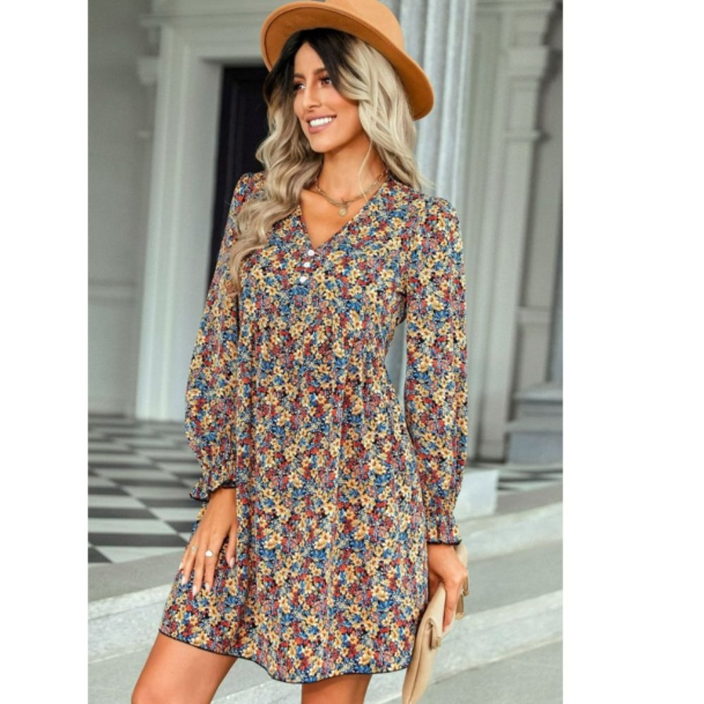 Floral Decorative Button Mini Dress - Picture 7 of 14